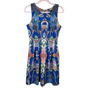 GABBY SKYE Size 8 A-Line Dress Blue Orange Green Sleeveless Stretch‎ Pockets